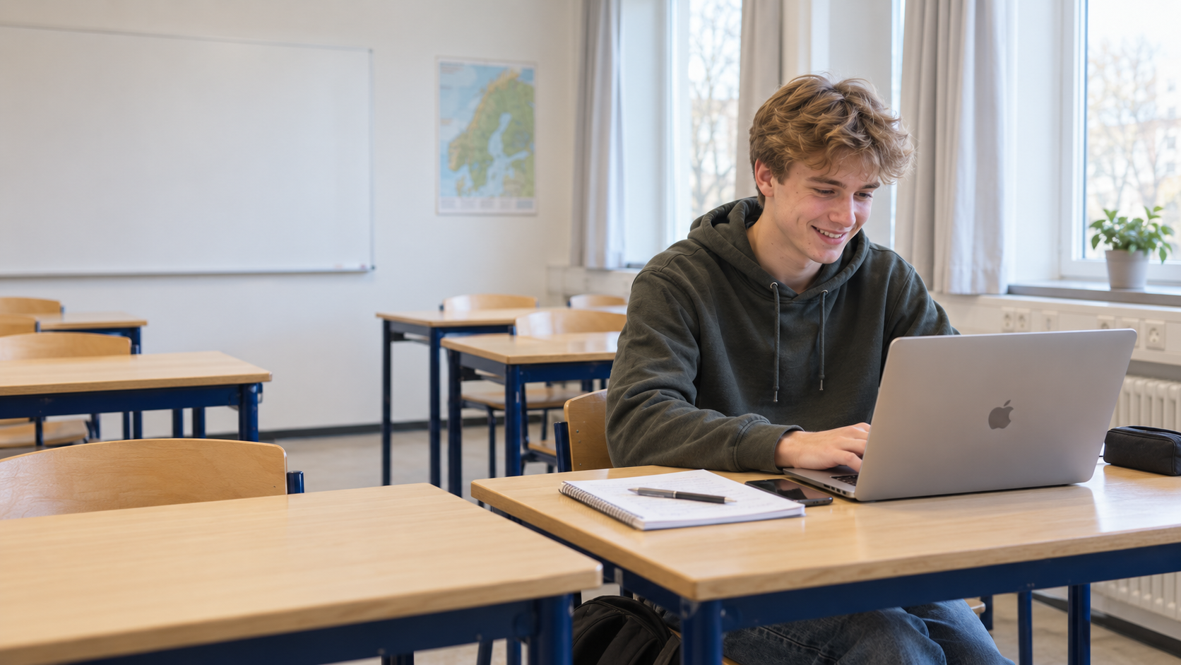 Elev arbejder med sin skriftlige aflevering i et klasselokale